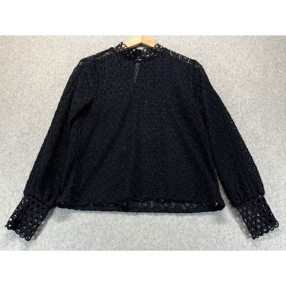 H&M Womens Crochet Lace Blouse Top Black High Neck Long Sleeve Lightweight M
